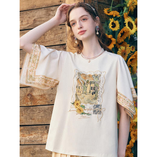 两三事梵高文艺风铃纸鸢2026春新款小清新印花不规则袖t恤女宽松 商品图2