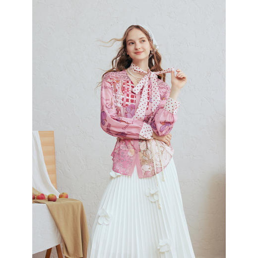 两三事 剧场玫瑰 2026春季新款复古波动领带印花两件套长袖衬衫女 商品图2