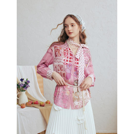 两三事 剧场玫瑰 2026春季新款复古波动领带印花两件套长袖衬衫女 商品图3