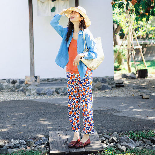 绽放103朵/亚麻底布数码印花全腰松紧显瘦九分裤设计感休闲裤女 商品图2