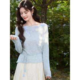 鹿向南「雾蓝花信」法式气质蓝色针织衫女春季高级慵懒感罩衫上衣