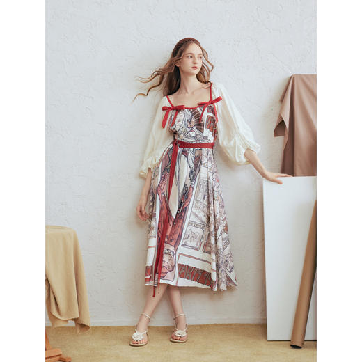 两三事蜜月冠冕2026春季新款复古蝴蝶结方领系带泡泡袖印花连衣裙 商品图1