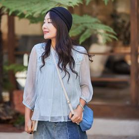 【林栖设计小店】手工钉花|优雅多色刺绣蕾丝镂空百褶2026夏新款真丝衫1962138