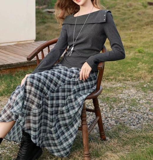 F022798春季新款长袖简约T恤套头上衣一字肩修身针织衫 商品图6