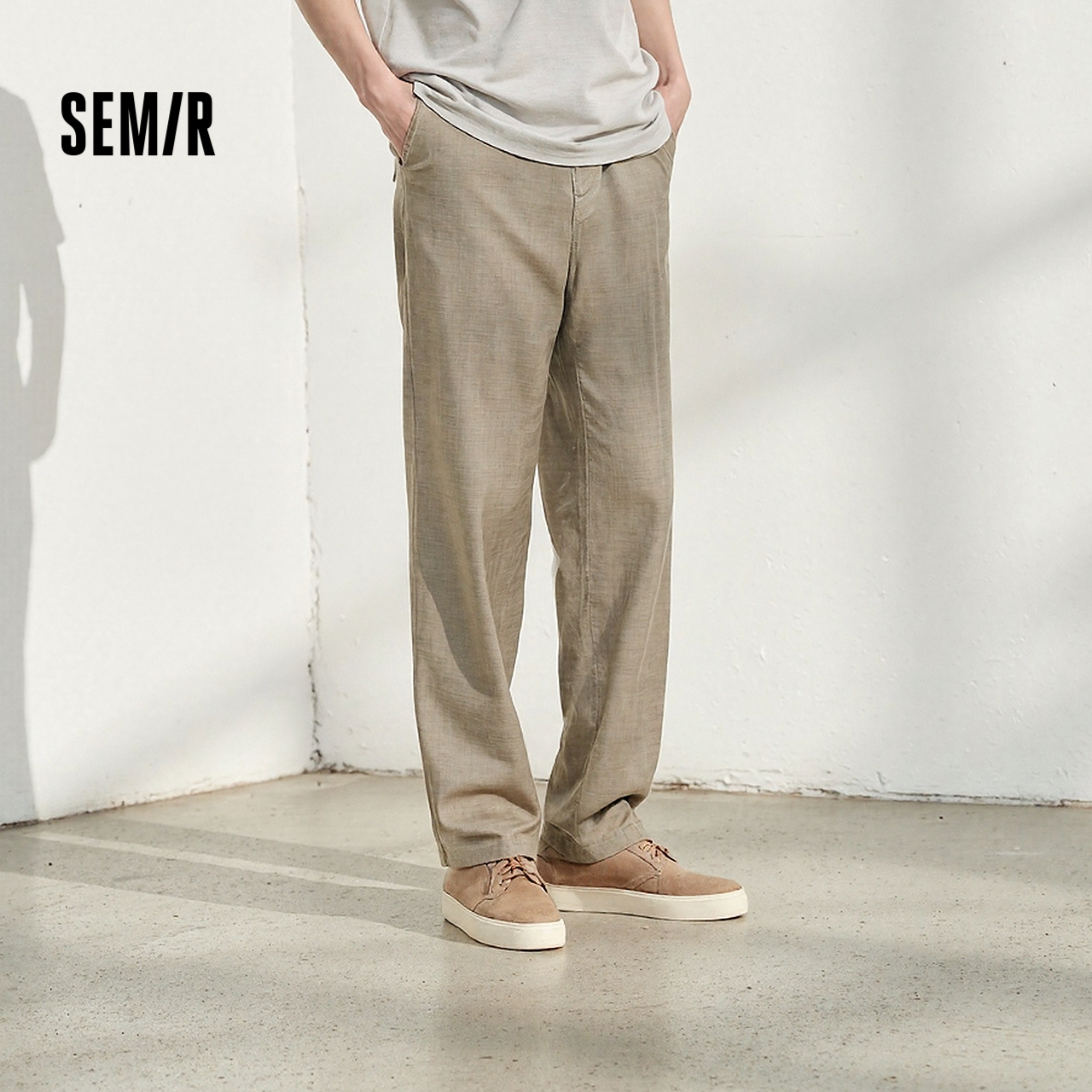 森马休闲裤男夏季棉麻舒爽宽松直筒裤经典纯色松紧腰长裤简约百搭