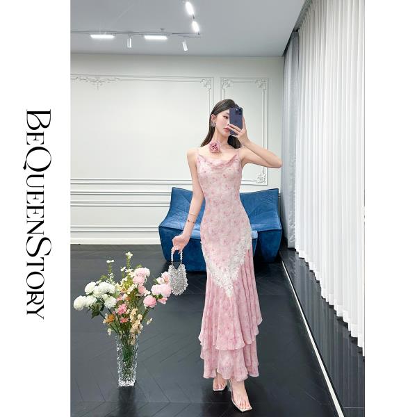 【孤品样衣，不退不换】【胭脂花落】轻奢原创手绘晕染印花荡领收腰吊带连衣裙