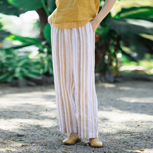 绽放105朵/色织亚麻条纹全腰松紧直筒裤经典百搭休闲裤女新款长裤 商品图0