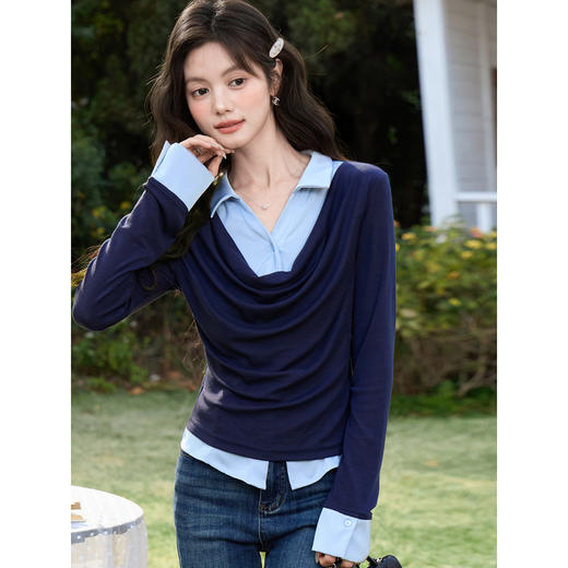 鹿向南「旧梦蓝调」藏蓝色长袖衬衫春季款时尚设计感假两件上衣女 商品图1