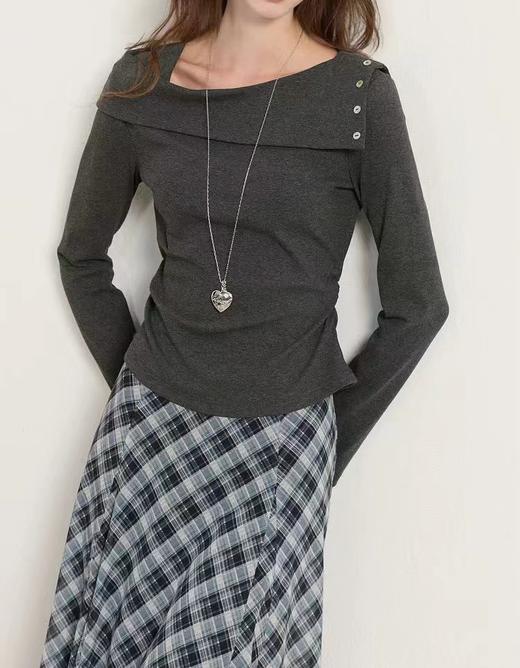 F022798春季新款长袖简约T恤套头上衣一字肩修身针织衫 商品图9