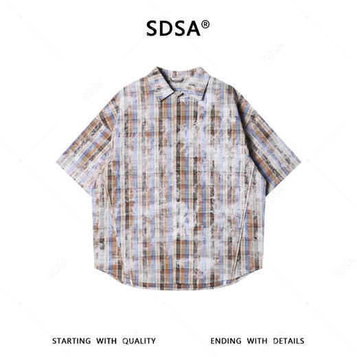 26CS44SDSA男装2026新款日系复古格纹衬衫做旧涂鸦设计感宽松短袖衬衣 商品图1