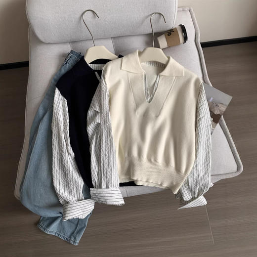 春季新品假两件拼接袖V领针织背心衬衫 洋气翻领针织上衣 商品图3