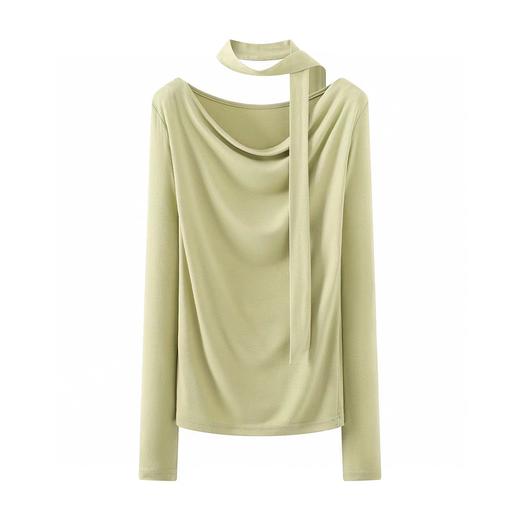 F022728春季新款荡领T恤休闲长袖修身飘带上衣 商品图9