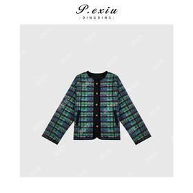 A008潘依绣丁丁宠粉复古撞色格纹圆领排口两面穿夹棉外套 W-62626