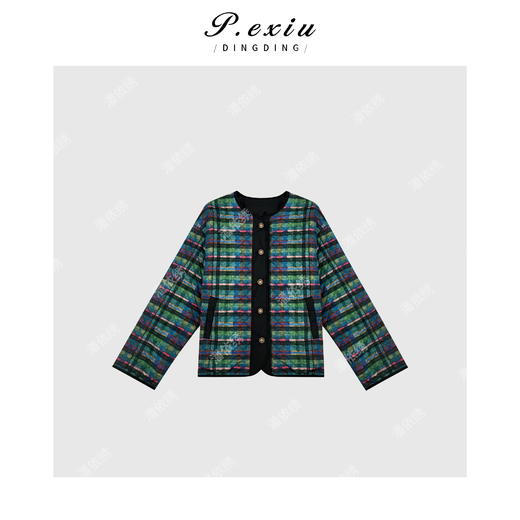 A008潘依绣丁丁宠粉复古撞色格纹圆领排口两面穿夹棉外套 W-62626 商品图0