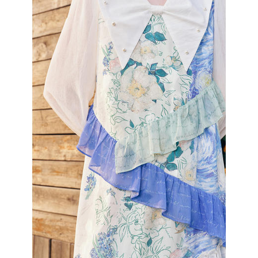 两三事梵高文艺巴黎诗集2026春新款蝴蝶结领荷叶边拼接印花连衣裙 商品图3