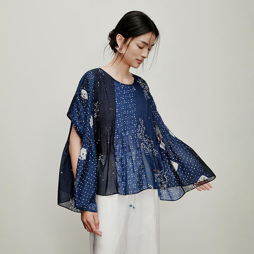 【林栖设计小店】方圆万象|手工绣花丝棉鱼子缬印花2026夏新款压褶衬衣1962152 商品图4