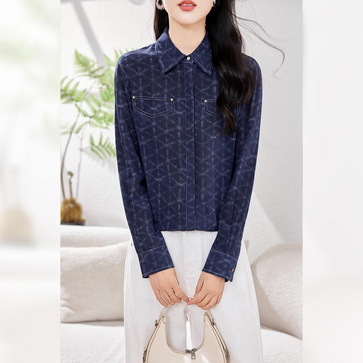 KQ-时尚真丝宽松休闲上衣蓝色格纹2026春季新款桑蚕丝牛仔休闲衬衫女 商品图3