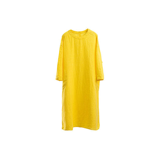 绽放旅行女装084朵/厚皱纹亚麻砂洗圆领前倒肩开衩后开扣连衣裙 商品图4