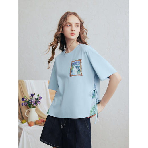 两三事梵高文艺青空回响2026春季新款文艺风贴布绣短袖t恤女宽松 商品图1