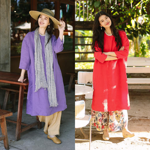 绽放旅行女装084朵/厚皱纹亚麻砂洗圆领前倒肩开衩后开扣连衣裙 商品图1