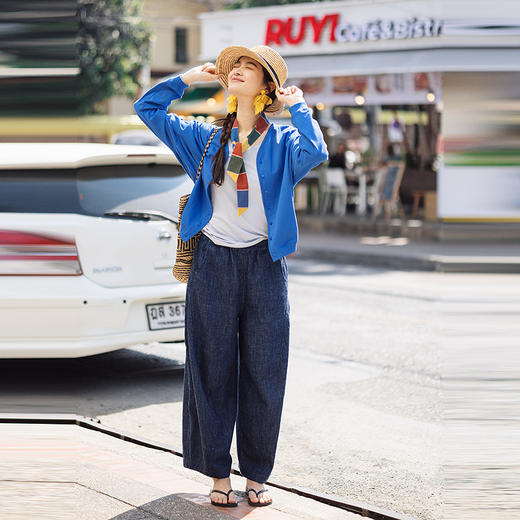 绽放110朵/青岚·汉麻棉全腰松紧宽松百搭休闲牛仔裤女新款阔腿裤 商品图1