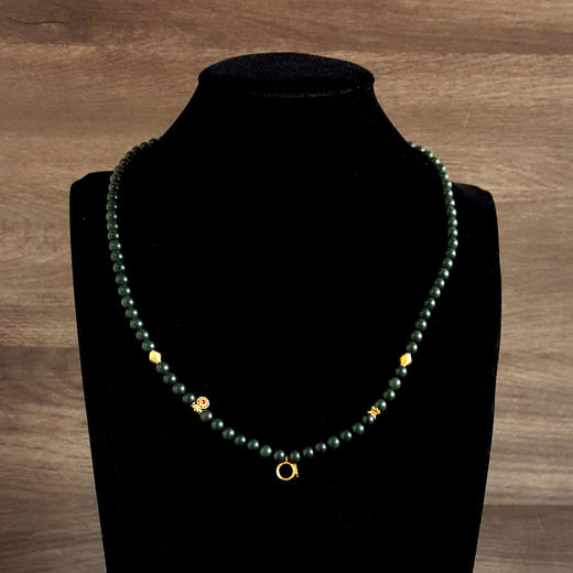 【天然正品】AU750黄金镶天然新疆料细腻塔青约6.3MM和田玉珠串手链项链两用款 链长：59CM（皆取最大值）140126NJS07 商品图7