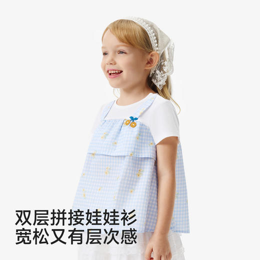 英氏儿童衣服女童夏季短袖T恤针织纯棉百搭格子圆领上衣假两件衣 商品图3