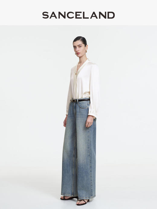 三石一澜SANCELAND桑蚕丝素绉缎V领衬衣SK11101025 商品图1