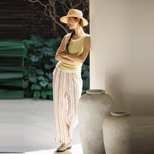 绽放105朵/色织亚麻条纹全腰松紧直筒裤经典百搭休闲裤女新款长裤 商品图1