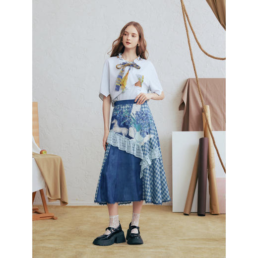 两三事梵高文艺 潮汐心绪 2025春季新款荷叶边拼接印花格子半身裙 商品图3