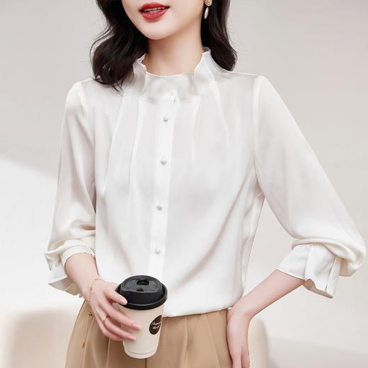 KQ-2026新款春装长袖灯笼袖洋气质红色衬衫女真丝上衣桑蚕丝时尚小衫 商品图2
