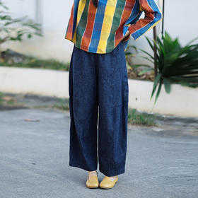 绽放110朵/青岚·汉麻棉全腰松紧宽松百搭休闲牛仔裤女新款阔腿裤