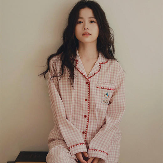 全棉双层纱~26新款趣味格纹卡通睡衣女士 精致勾边可爱小狗刺绣家居服套装春夏 商品图0