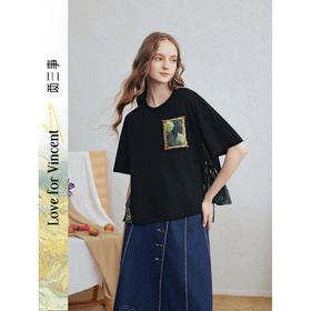两三事梵高文艺青空回响2026春季新款文艺风贴布绣短袖t恤女宽松