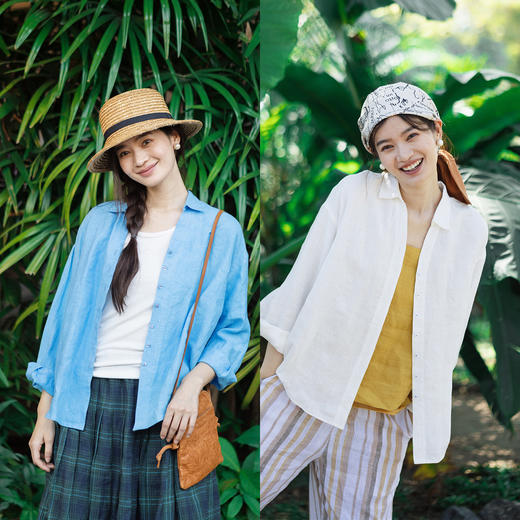 特绽放女装118朵/大女主·砂洗汉麻翻领系扣落肩长袖衬衫女春新款 商品图0