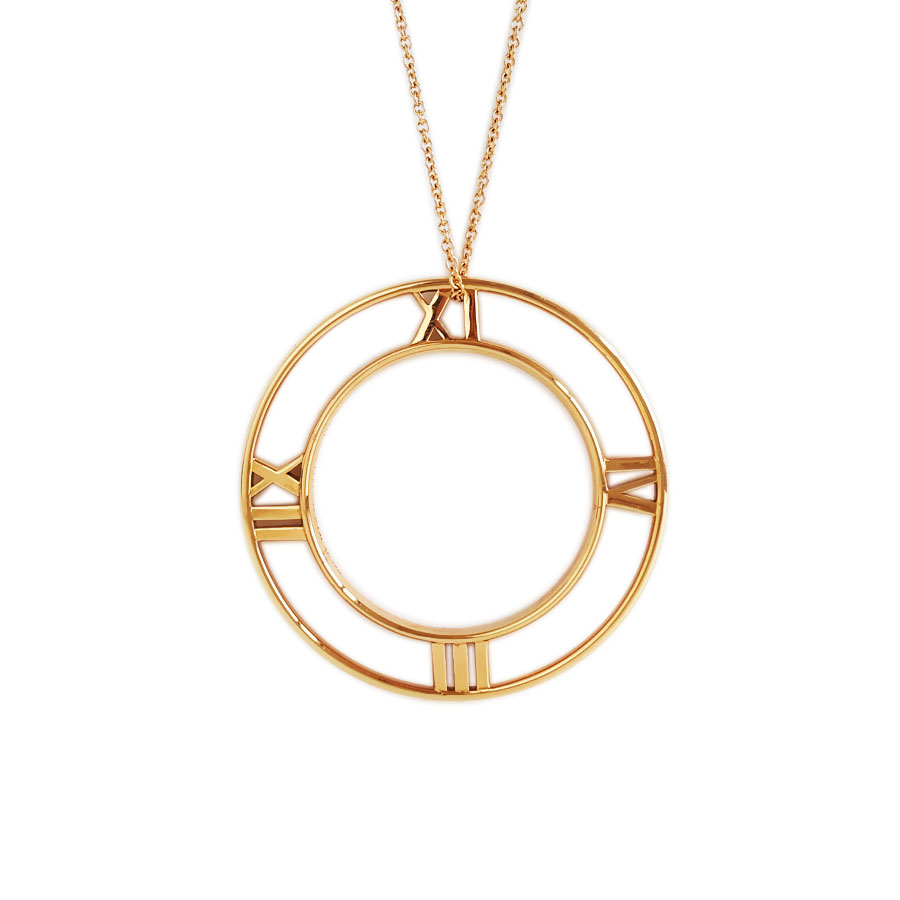 【95新】Tiffany & Co.蒂芙尼玫瑰金Atlas罗马数字镂空大圆盘长项链链长约61cm、吊坠直径约4.9cm中性款140226TJ02