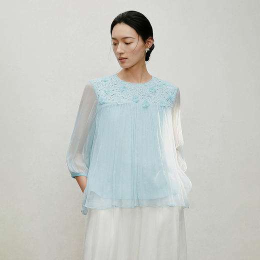 【林栖设计小店】手工钉花|优雅多色刺绣蕾丝镂空百褶2026夏新款真丝衫1962138 商品图10