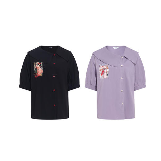 两三事 天台焰火 2026春季新款文艺风不对称翻领印花衬衫女宽松 商品图4