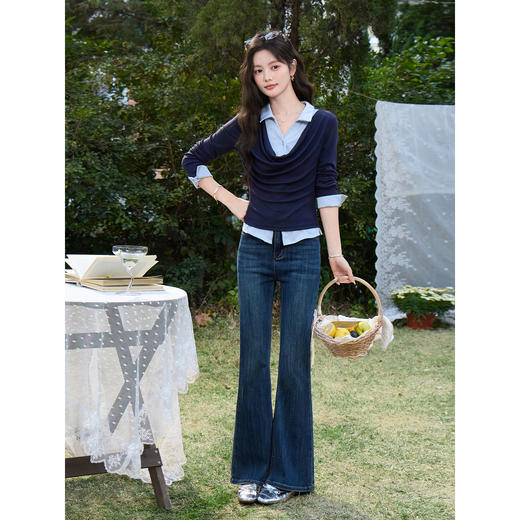 鹿向南「旧梦蓝调」藏蓝色长袖衬衫春季款时尚设计感假两件上衣女 商品图3