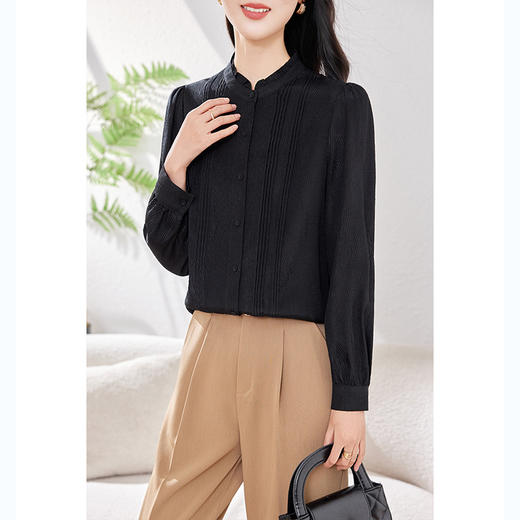 KQ-立领木耳边纯色桑蚕丝衬衫女士长袖文艺通勤简约气质百搭真丝上衣 商品图1