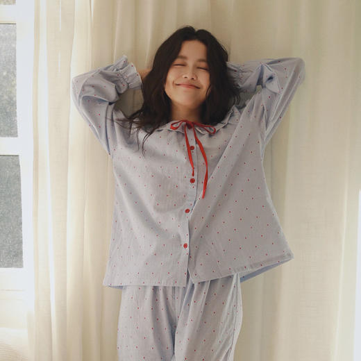 全棉双层纱~26新款荷叶领睡衣少女款家居服带 复古波点/千鸟格 洋气俏皮 蝴蝶结系长袖睡衣套装 商品图3