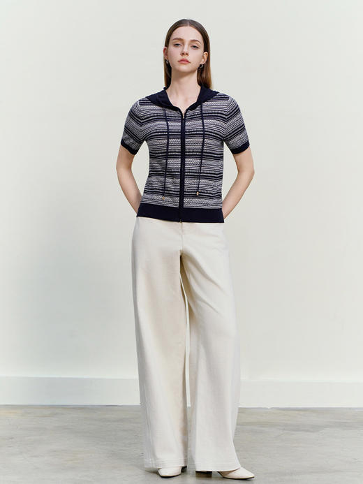 【连帽款短袖针织条纹开衫】2026春夏新品女士条纹撞色薄款针织开衫小外套 商品图2