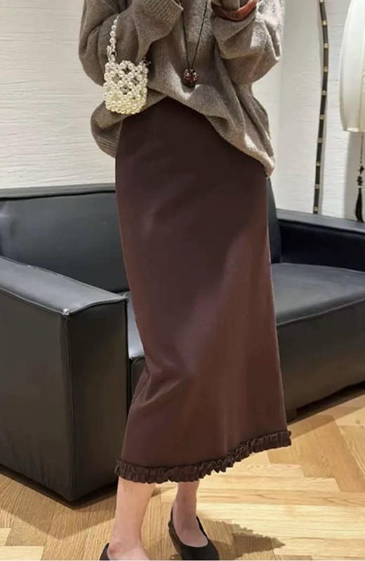 原单后开叉木耳捆边一步裙 商品图0