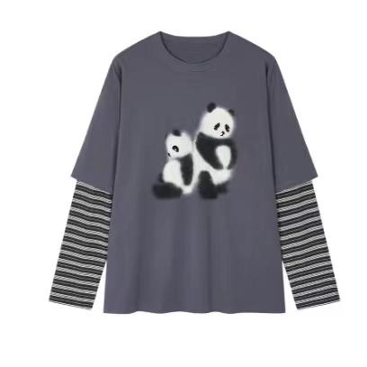 F022721新款伤心小熊条纹圆领休闲假两件套T恤 商品图3