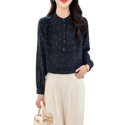 KQ-2026年春季桑蚕丝新款小复古气质立领波点设计感上衣长袖宽松衬衫 商品图4