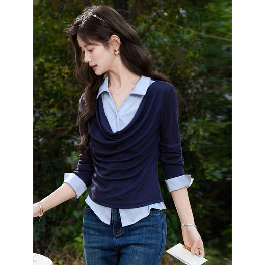 鹿向南「旧梦蓝调」藏蓝色长袖衬衫春季款时尚设计感假两件上衣女 商品图0