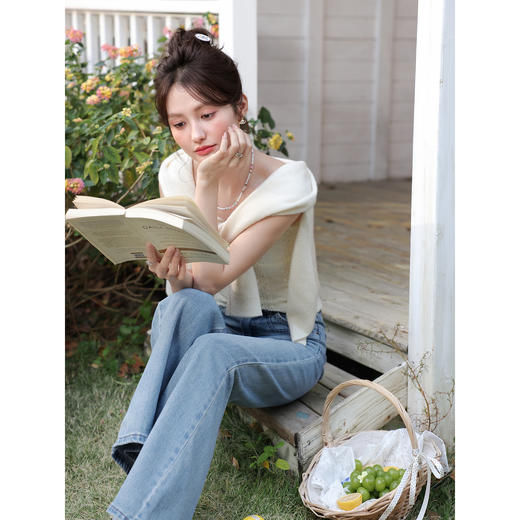 鹿向南「圣花云柔」蓝色牛仔裤女春季小个子修身微喇长款拖地裤 商品图4