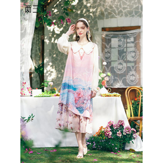 两三事春日幻想2026春季新款甜美波浪绣边双层领印花假两件连衣裙 商品图0