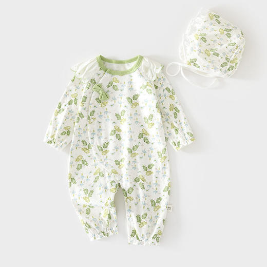 婴儿连体衣女宝宝新生儿无骨春秋纯棉哈衣送帽子婴幼儿童装爬服 商品图0