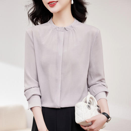 KQ-重磅真丝上衣女长袖衬衫2026春装新款韩版洋气纯色桑蚕丝上衣小衫 商品图1